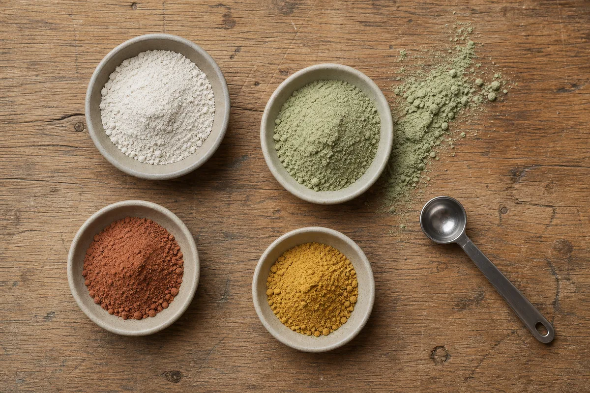 Savons artisanaux de teintes naturelles ocre, verte et grise alignés sur une planche de bois clair