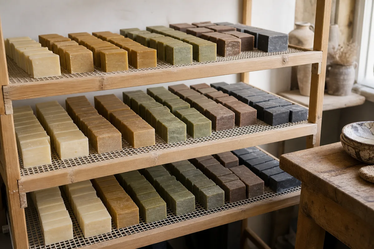 Étagère de cure d&rsquo;atelier avec des rangées de savons de teintes naturelles en séchage sur des grilles en bois