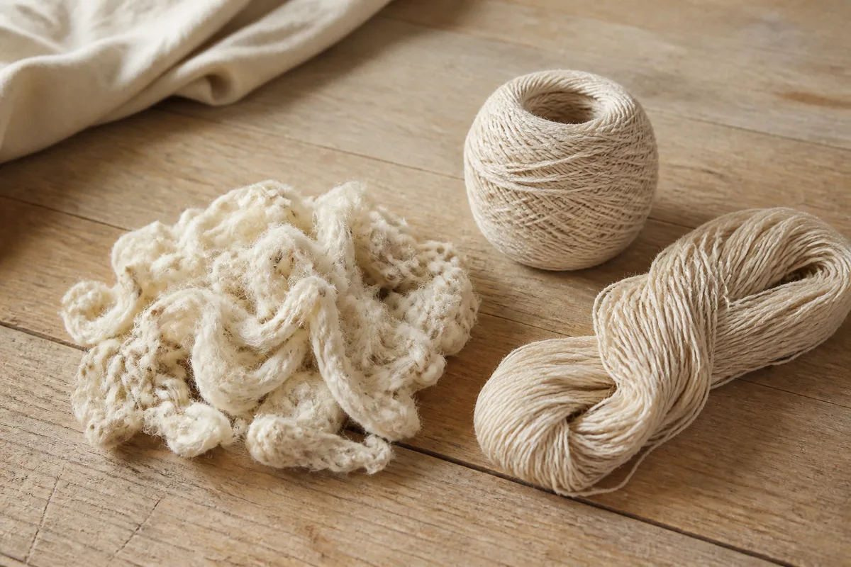 Fibre de coton écru en vrac et pelote de fil naturel posées sur une table en bois clair