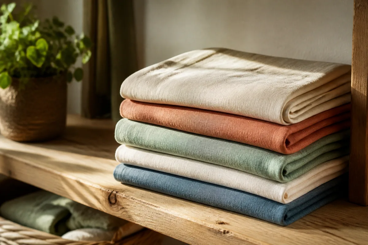 Pile de textile de coton plié, plis nets, lumière rasante du matin sur une étagère en bois