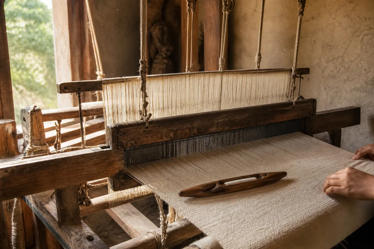 Métier à tisser en bois avec une navette de tisserand et un fil de coton tendu, atelier baigné de lumière naturelle