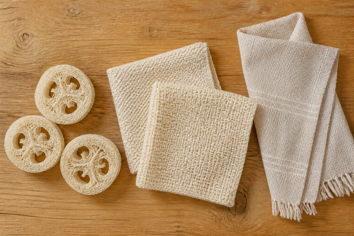Tranches de luffa sec et lavettes de coton tricotées pliées sur un plan de travail