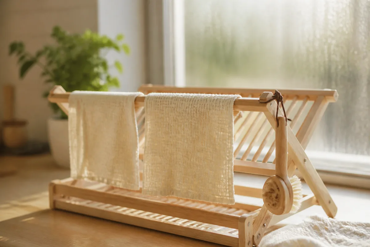 Égouttoir en bois près d&rsquo;une fenêtre où sèchent une brosse et des lavettes de coton