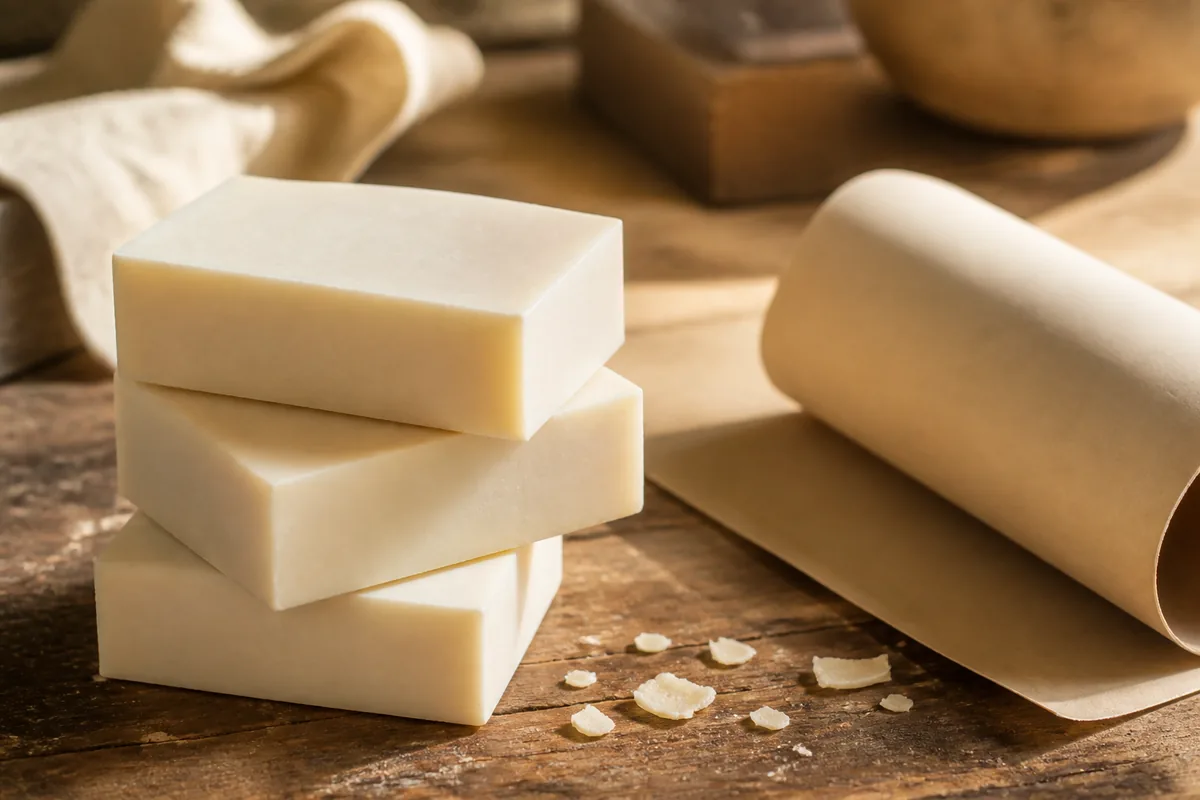 Pain de savon crème et bandeau de papier kraft posés sur un plan de travail en bois clair