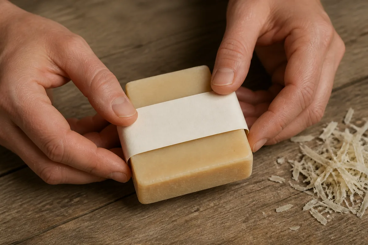 Mains d&rsquo;artisan ceinturant un savon beige d&rsquo;une bande de papier uni sur un établi en bois brut