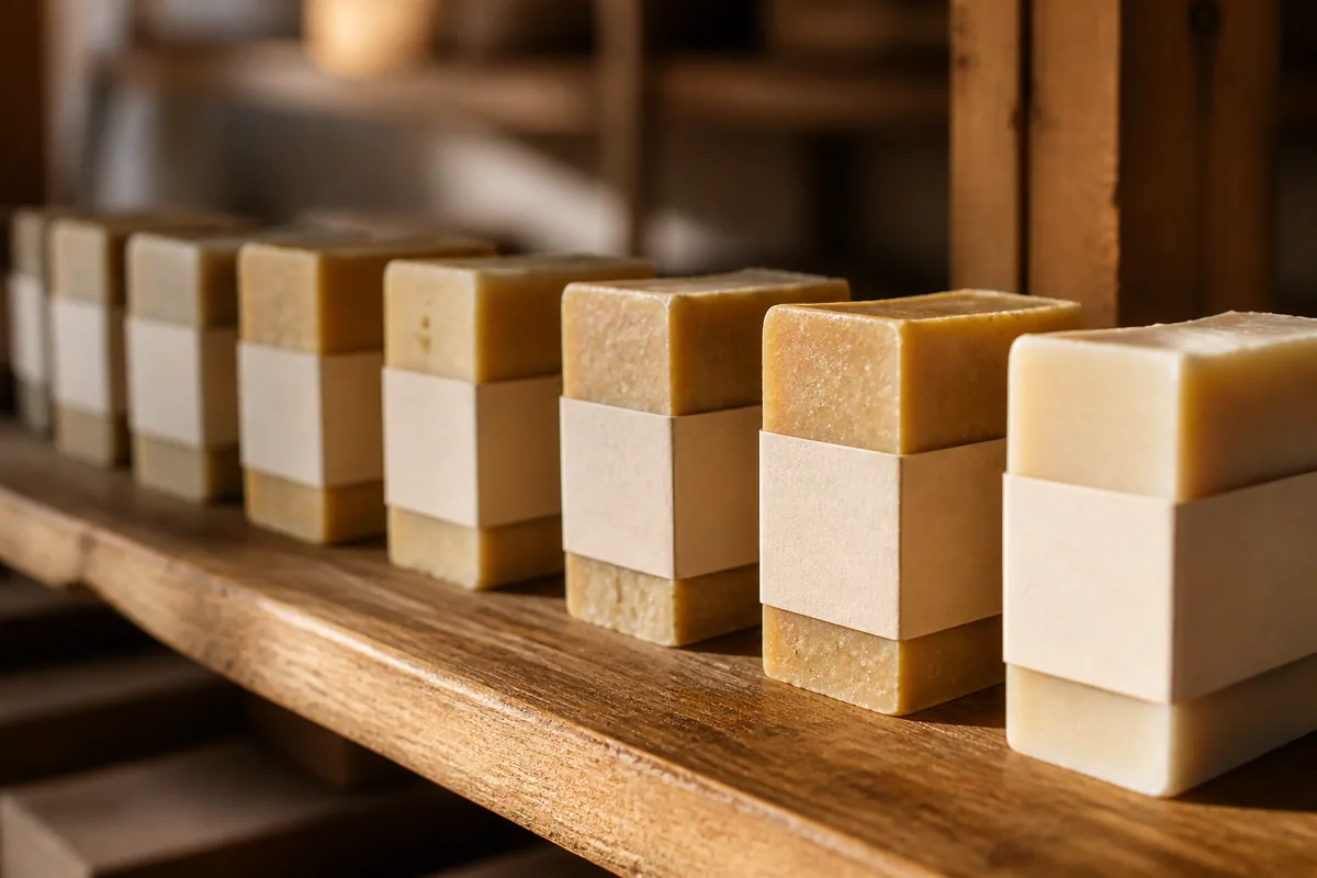 Alignement de pains de savon ocre et ivoire ceinturés de bandeaux de papier uni sur une étagère en bois