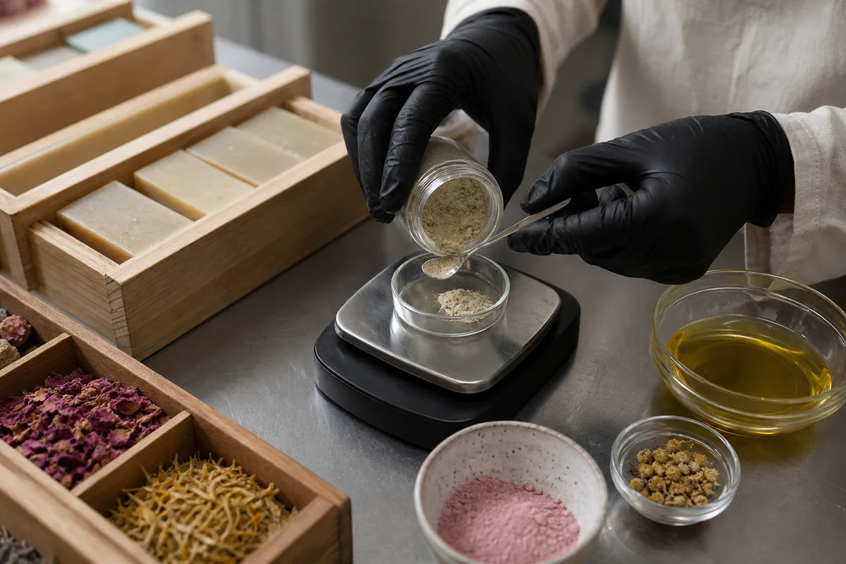 Atelier de fabrication cosmétique artisanale, mains gantées pesant des ingrédients naturels près de moules à savon