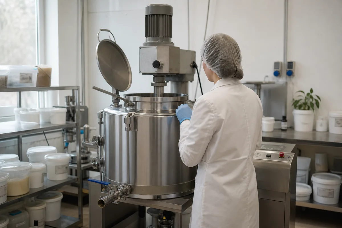 Opérateur de production cosmétique surveillant une cuve de mélange dans un atelier lumineux