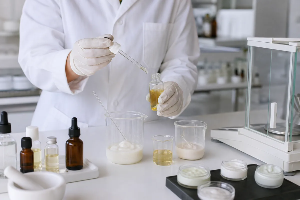 Étudiante en blouse manipulant des flacons dans un laboratoire de formulation cosmétique