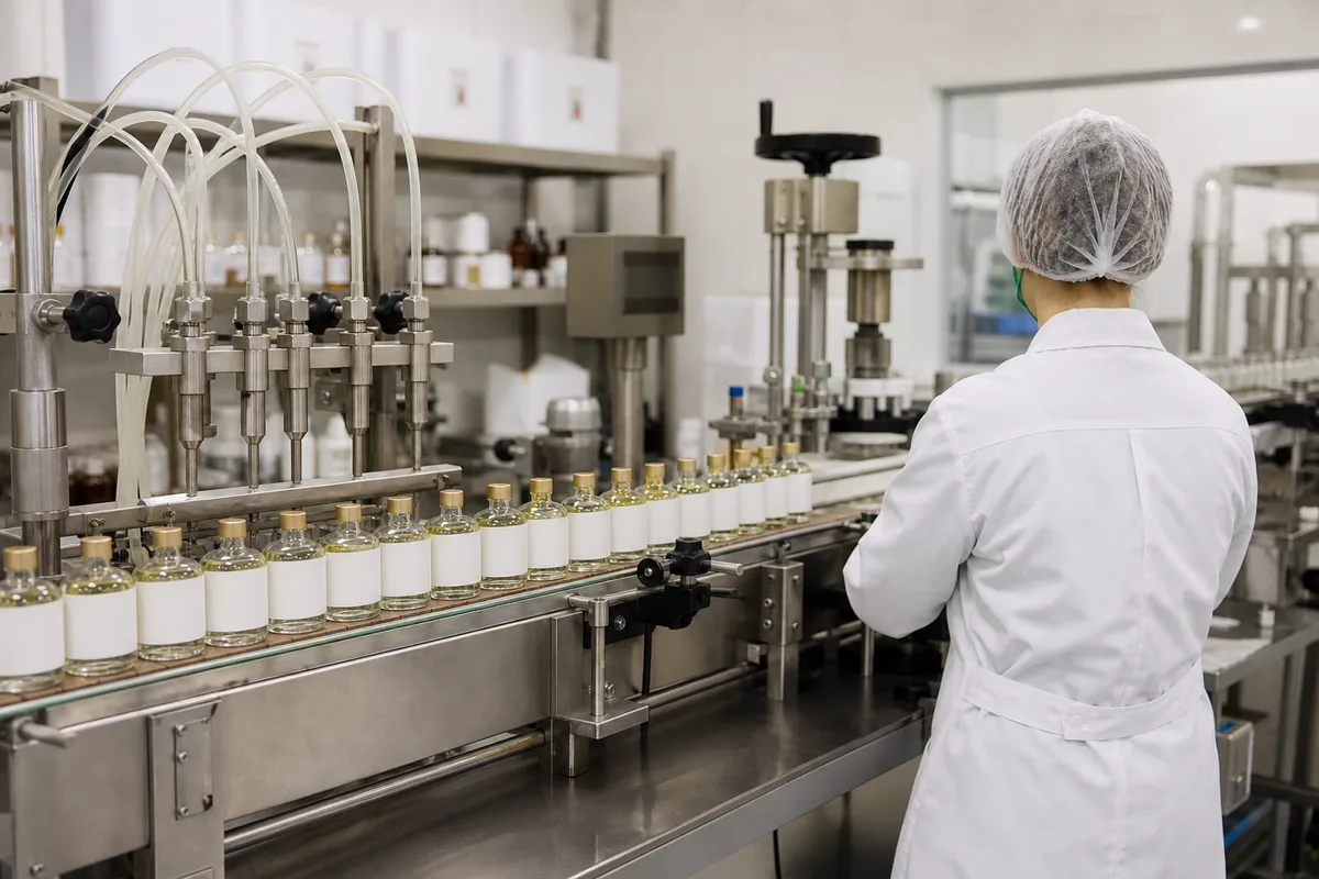 Ligne de conditionnement automatisée remplissant des flacons cosmétiques dans une petite unité de production