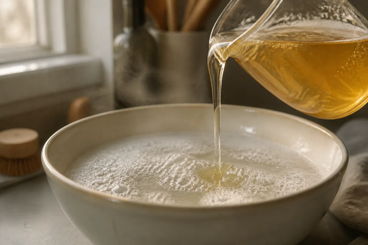 Filet de savon liquide doré versé d&rsquo;un pichet en verre dans un bol d&rsquo;eau tiède, mousse fine à la surface