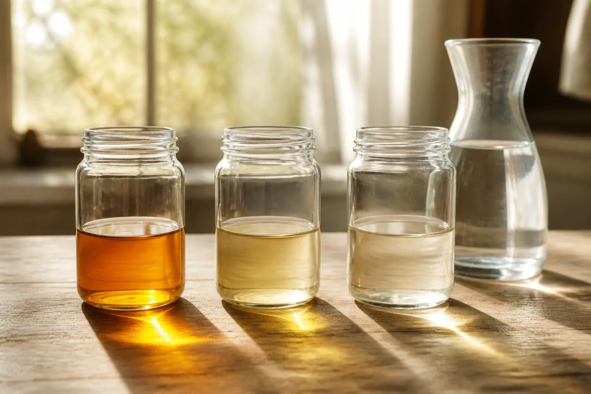 Trois bocaux en verre alignés contenant le même savon liquide doré à trois dilutions décroissantes sur une table en bois brut