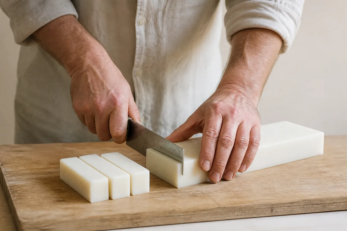 Pain de savon blanc coupé à la main sur un plan de travail en pierre, noix de coco ouverte posée à côté