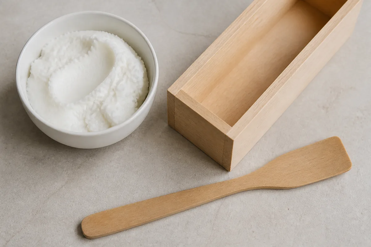 Mains d&rsquo;artisan versant de l&rsquo;huile de coco solide depuis un bol de céramique unie dans un moule de bois