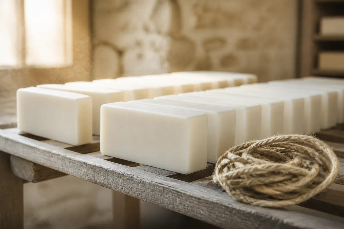 Pains de savon blancs alignés sur une clayette de bois, corde de jute enroulée au premier plan