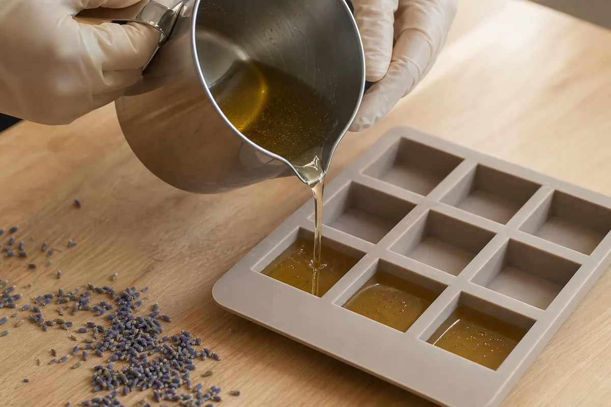 Mains gantées versant une pâte de savon fondue dans un moule en silicone sur un plan de travail en bois