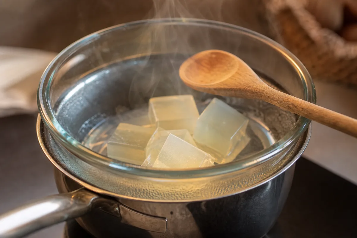 Cubes de savon translucide en train de fondre dans un bol posé sur une casserole d’eau frémissante