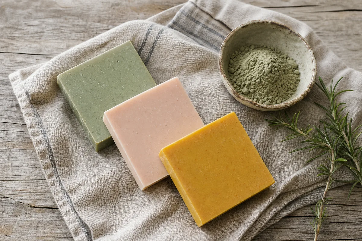 Trois pains de savon colorés démoulés posés sur un torchon de lin à côté d’un bol d’argile