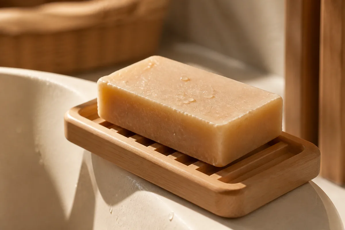 Pain de savon artisanal beige posé sur un porte-savon en bois clair près d’une vasque en céramique, lumière douce du matin