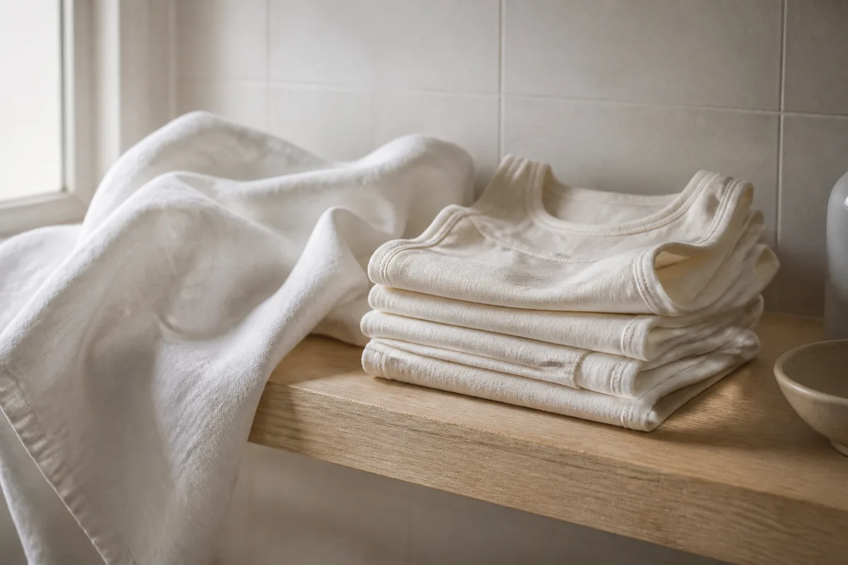 Serviette de lin froissée et pile de sous-vêtements en coton clair pliés sur une étagère en bois, lumière naturelle latérale